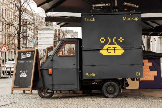 Urban street scene with black food truck featuring pixel art design mockup, A-frame signboard mockup, and urban fonts example on vehicle sides.